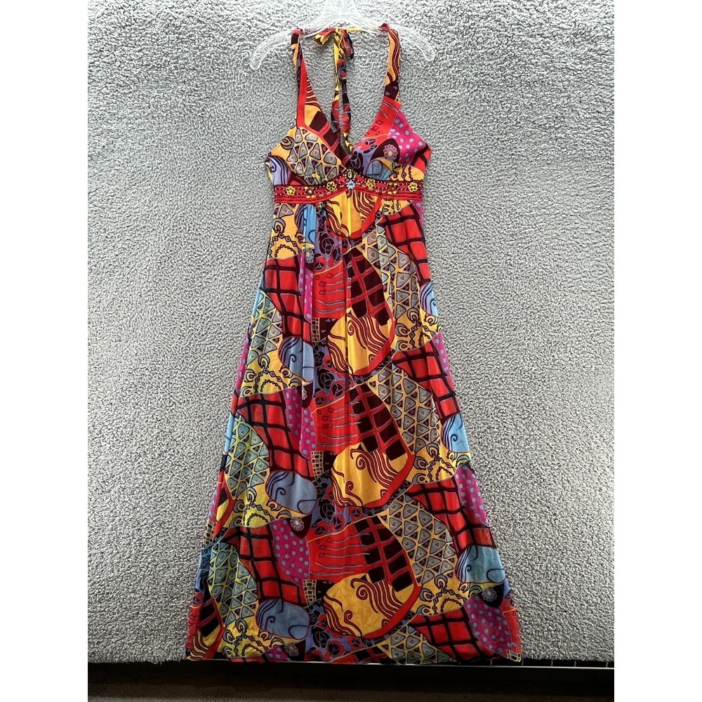 VTG Sue Wong Maxi Dress 4‎ Red Colorful Geo Silk Boho Halter Gown Beach Resort